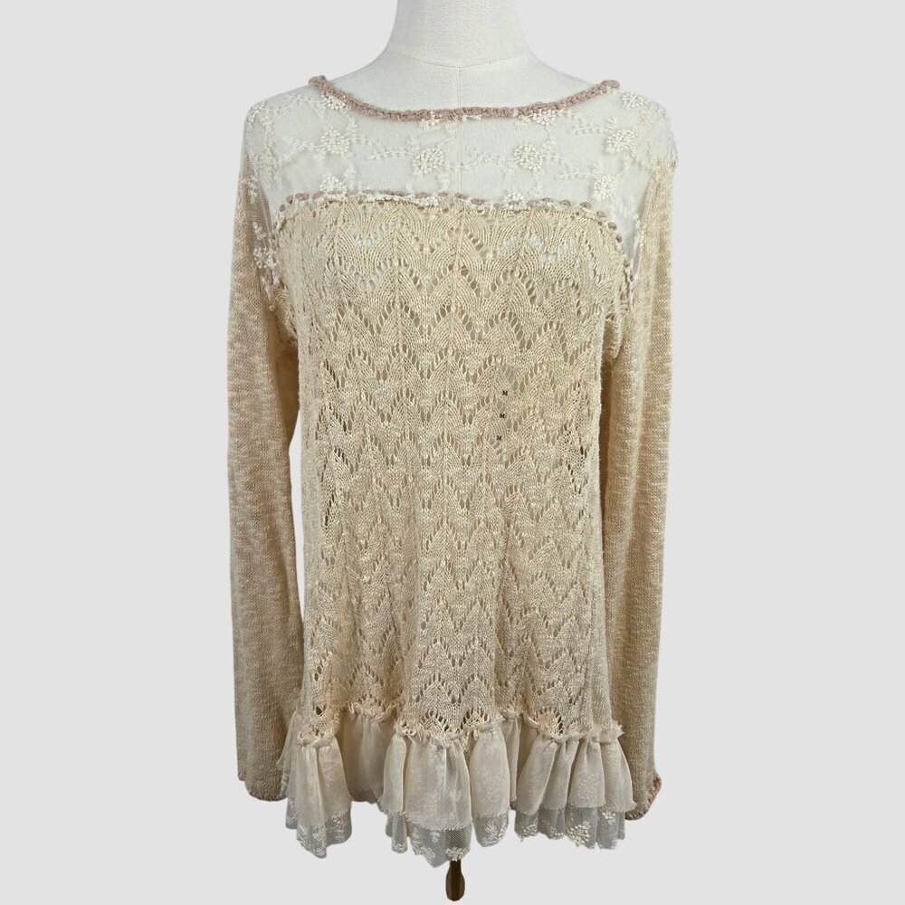 BKE Beige Lace Knit Long Sleeve Top Sweater M Chiffon Hem Boho Shabby Chic NWOT